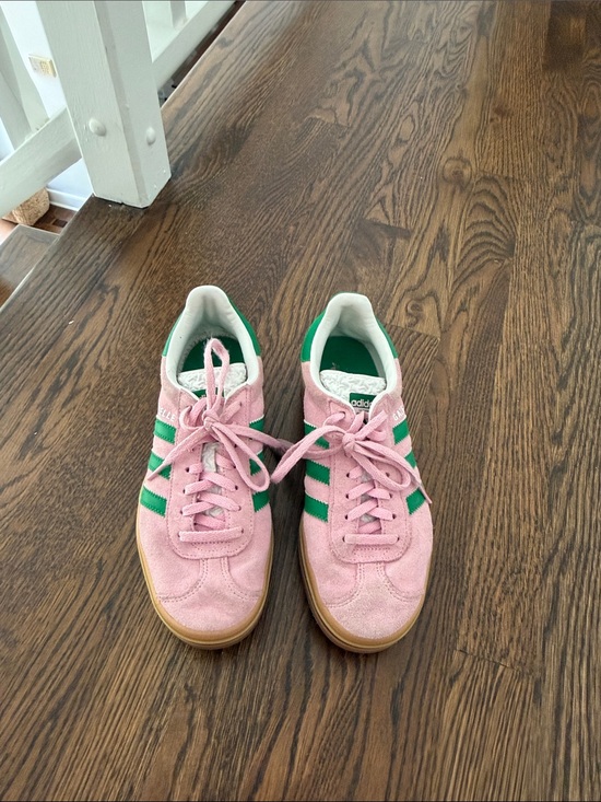 adidas Shoes - Adidas Pink Suede Sneakers with Green Stripes and Gum Sole